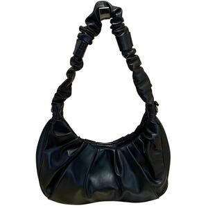 Petite Simone Black Pleated Faux Leather Vegan Tote Hobo Crescent Handbag OS